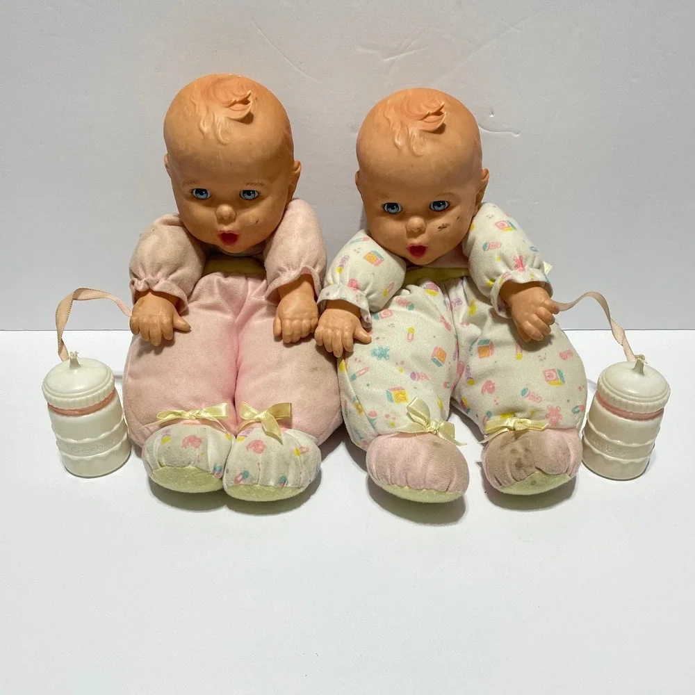 Vintage 1995 Toy Biz Gerber Baby Head Dolls Set of 2 with Bottles Blue Eyes Pink